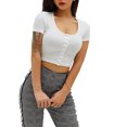 thumbnail image 2 of FOCUSNORM Women Short Sleeve Knit Blouse Solid Color V-neck Slim Short Top, 2 of 7