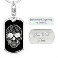 thumbnail image 2 of Calavera Mexican Sugar Skull 9 Stainless Steel or 18k Gold Premium Swivel Dog Tag Keychain, 2 of 16