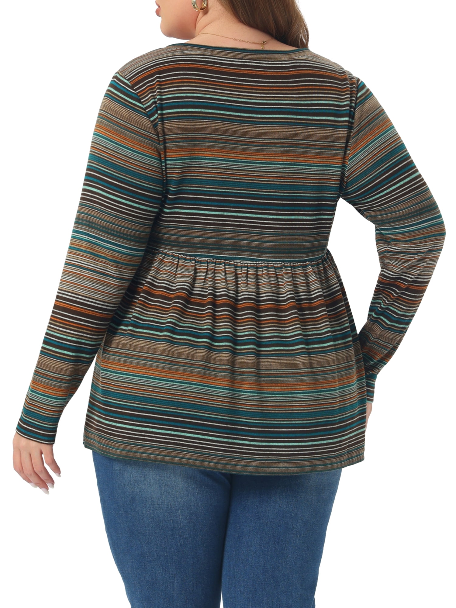 DARING DIVA Women's Plus V Neck Stripe Peplum Knit Blouse 2X Orang Brown
