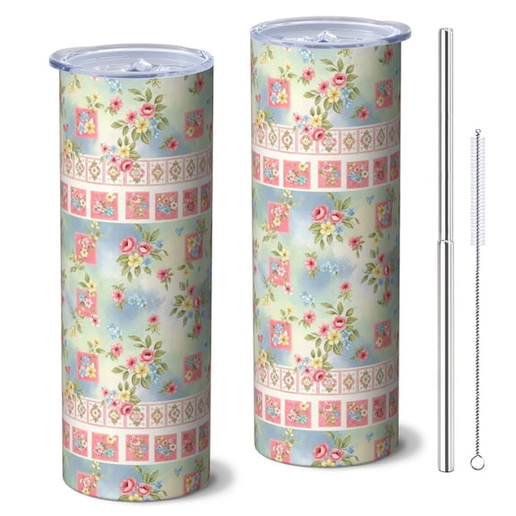 Pioneer Flower Floral Print Pattern 20oz Skinny Tumbler with Straw & Lid, Double Wall Vacuum Insulated Cup, Leak-Proof, Cup Holder Friendly, Hot 6H Cold 12H