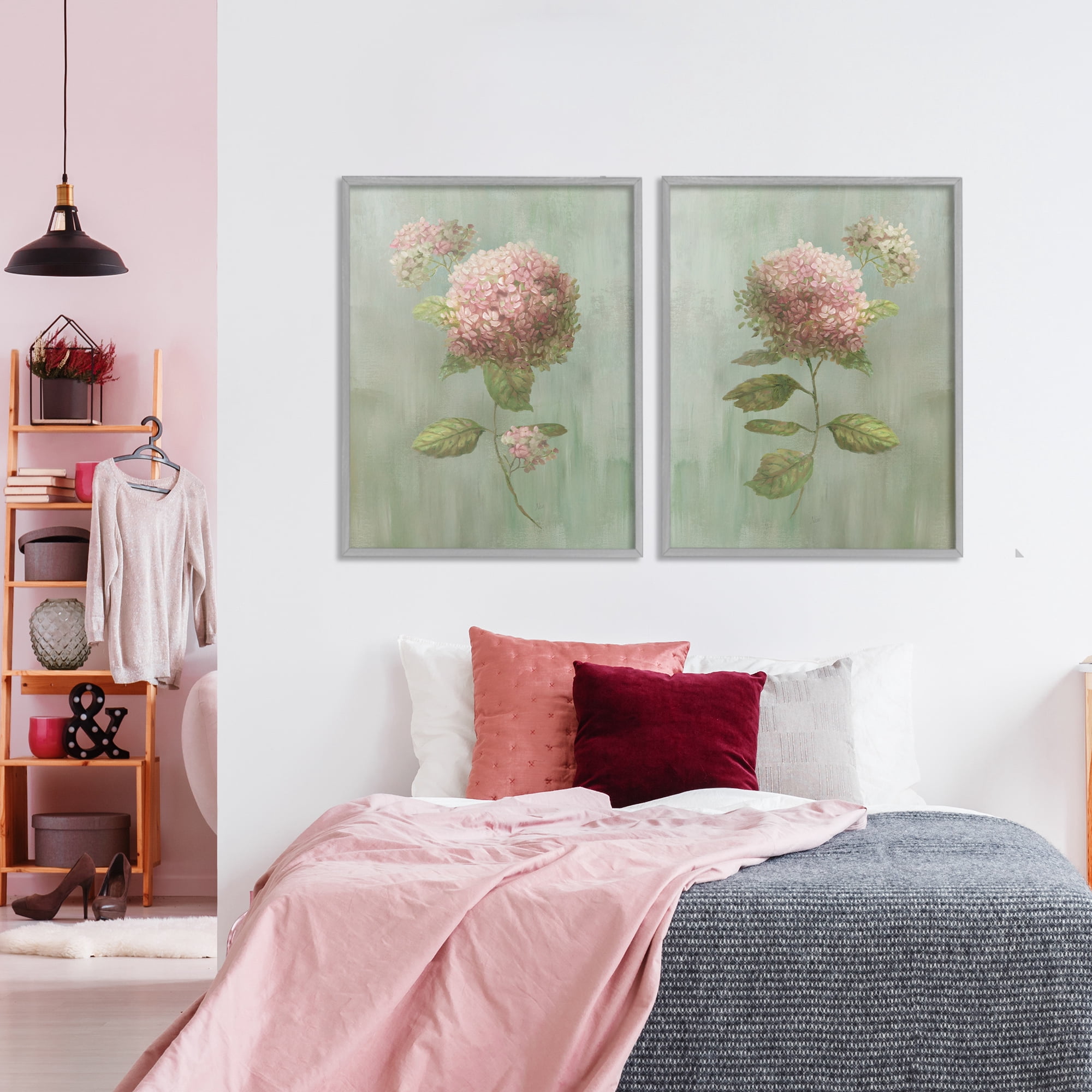 Stupell Industries Aged Pink Hydrangeas 2 Piece Gray Framed Giclee Art Set, design by Nan
