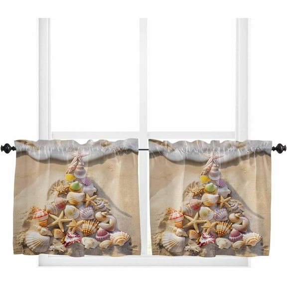 Coastal Christmas Tree Kitchen Curtain 2 Panels Tiers Curtains 36 Inch Length, Beach Nautical Seaside Xmas Curtains Rod Pocket Curtains Window Drapes Treatment Window Cafe Curtains