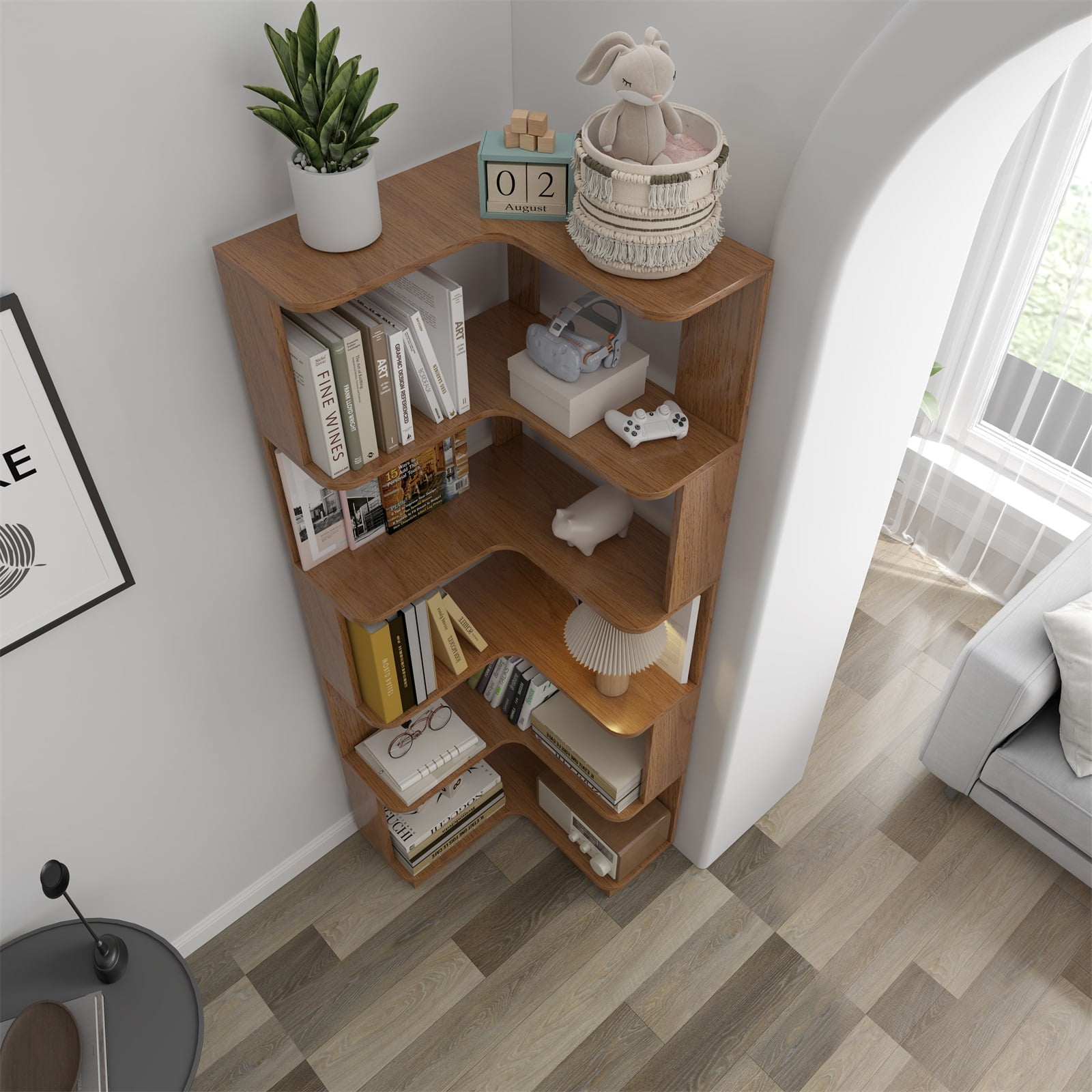Hommoo 6-Tier Freestanding L-Shaped Corner Bookshelf Display Shelf, Wooden Bookcase Multifunctional Open Storage Rack Organizer, Dark Oak