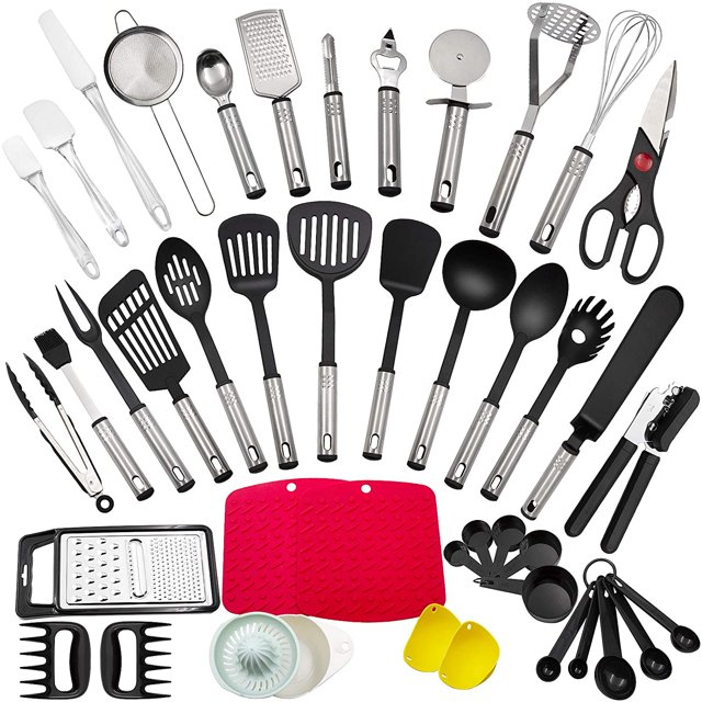 Utensilios de cocina de acero inoxidable y Nylon, Juego de accesorios de cocina de 43 piezas, Juego de utensilios de cocina. El juego incluye espátula, cuchara, batidor, cuchara para pasta. brillar Electrónica