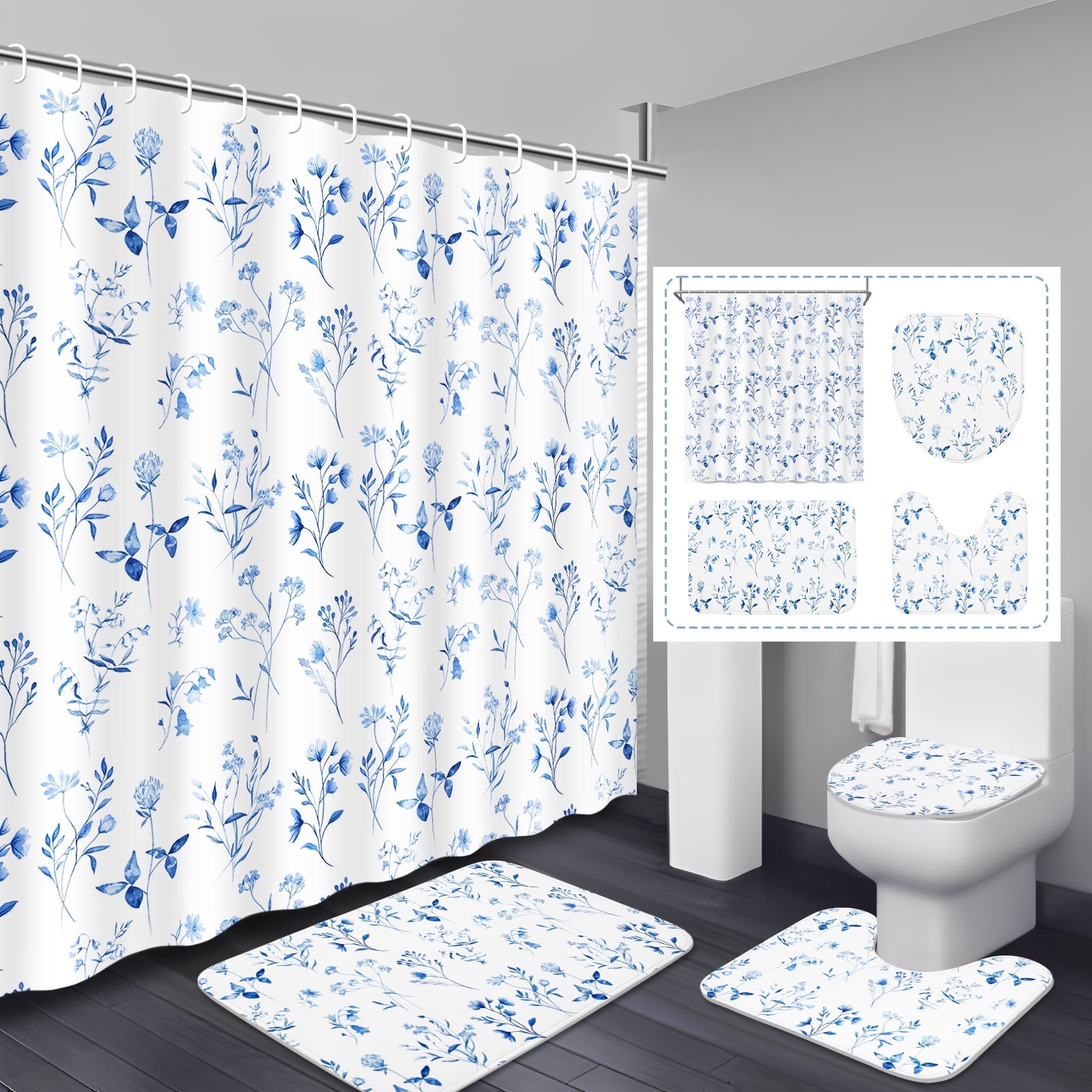 FRAMICS 16-Piece Watercolor Floral Shower Curtain Sets with Rugs, Blue Botanical Bathroom Sets, Waterproof Fabric Bathroom Curtain Decor with Hooks