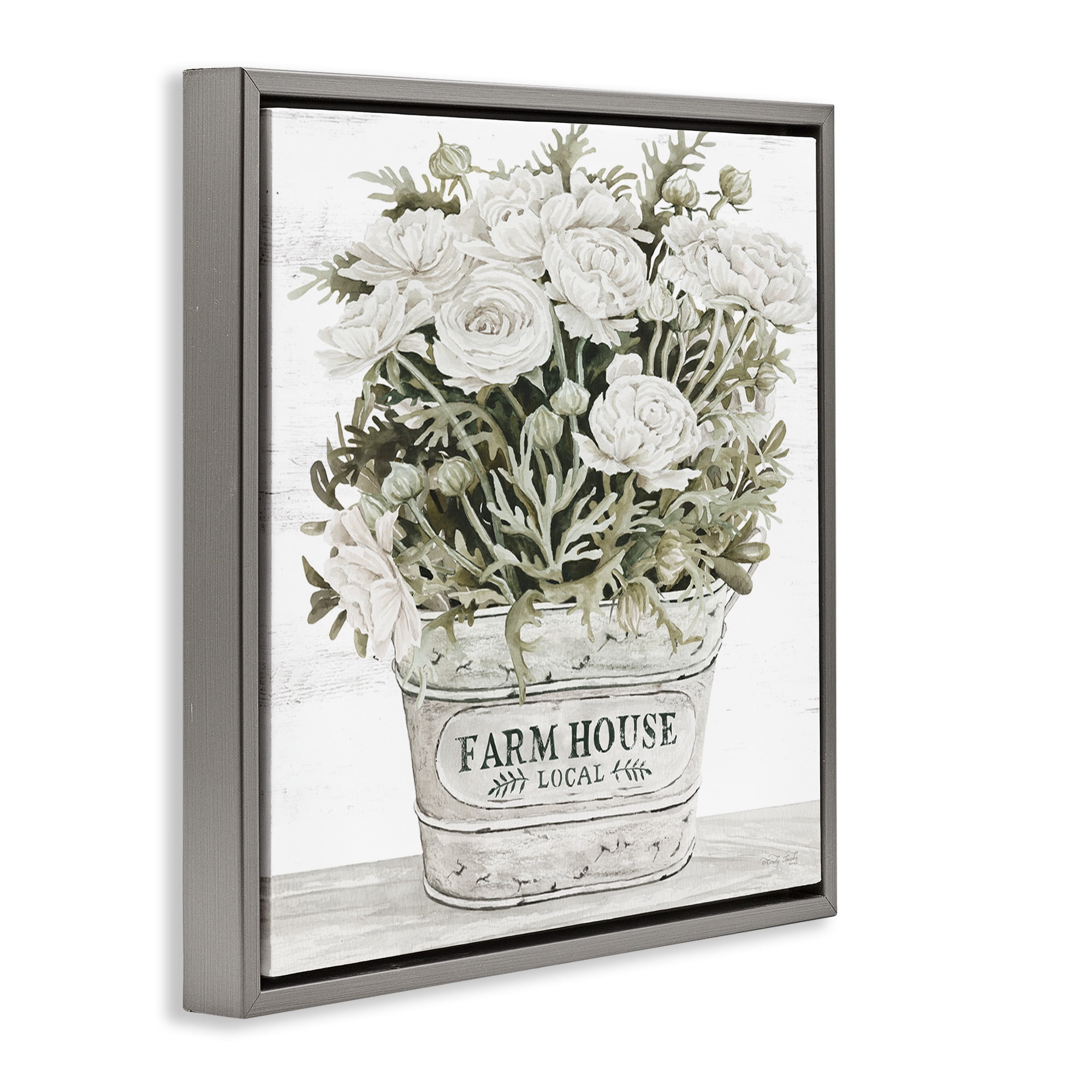 Stupell Industries Farmhouse Planter White Rose Blossoms Botanical & Floral Painting Gray Floater Framed Canvas Art Print Wall Art, 18 x 18
