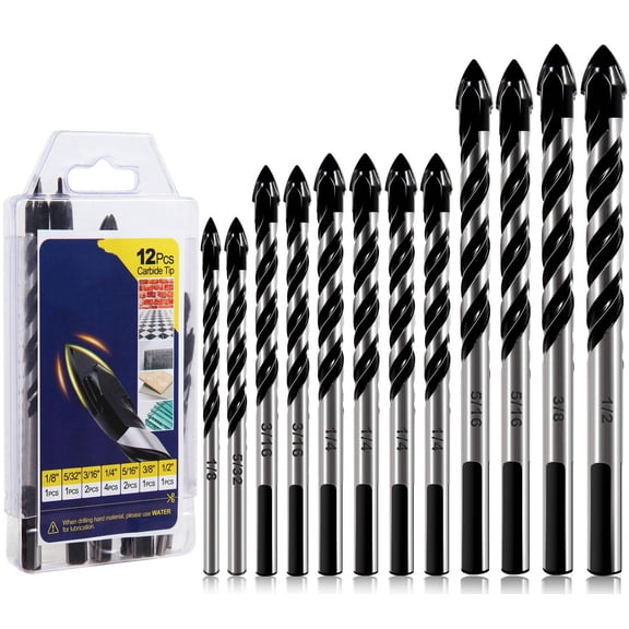 12-PCS Masonry Drill Bit Set & Concrete Drill Bit Set,1/8 to 1/2 inch Professional Carbide Drill Bits Tip for Glass,Tile,Brick,Cement Concrete Plastic Wood etc.Masonry Drill Bits Set