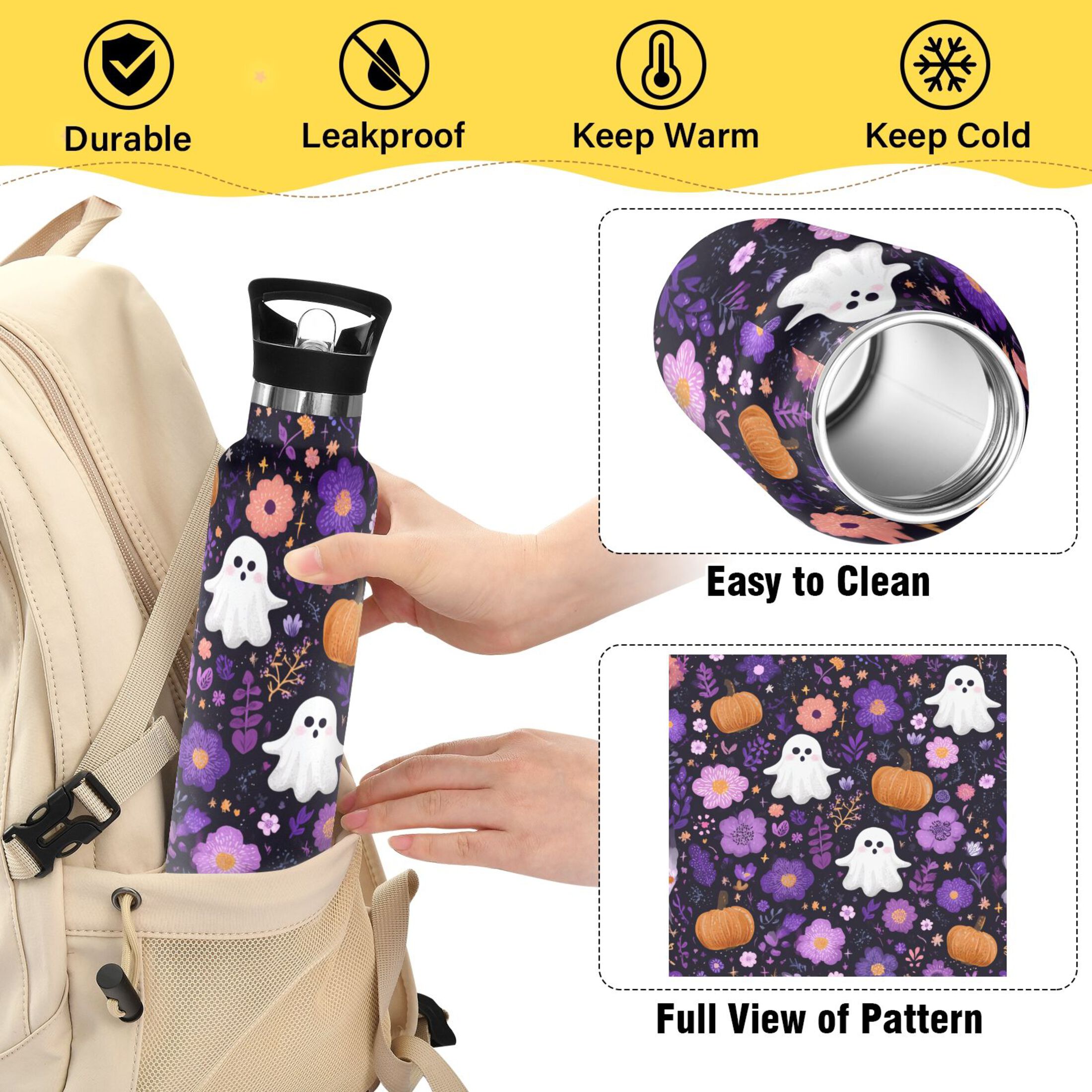 Kids Insulated Stainless Steel Sports Water Bottle 600ml (20oz) Purple Flowers and Pumpkins