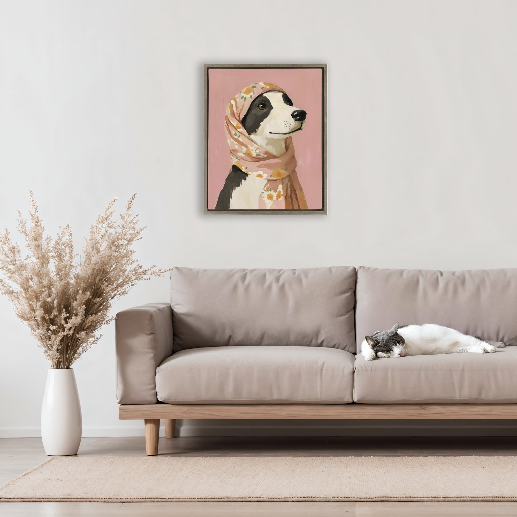 Stupell Industries Dog Babushka in Floral Scarf Brown Framed Floater Canvas Wall Art, design by The Prints Vibe