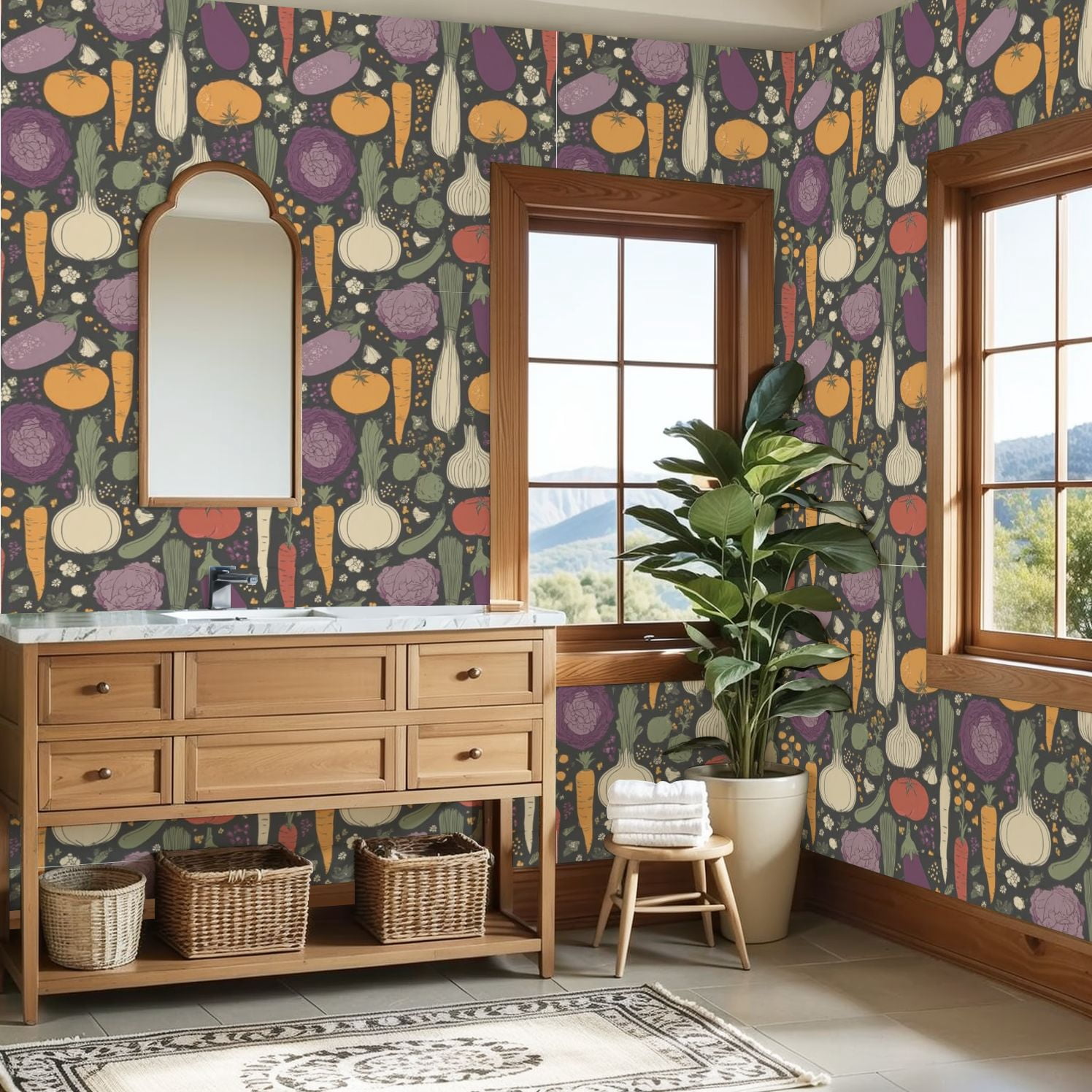 Modern Peel and Stick Wallpaper 23.6in x 9.8ft Colorful Vegetable Carrots Tomatoes Eggplants Onions Cabbage Wall Mural Self-Adhesive Removable Wall Paper for Kitchen Cabinet Renter Friendly