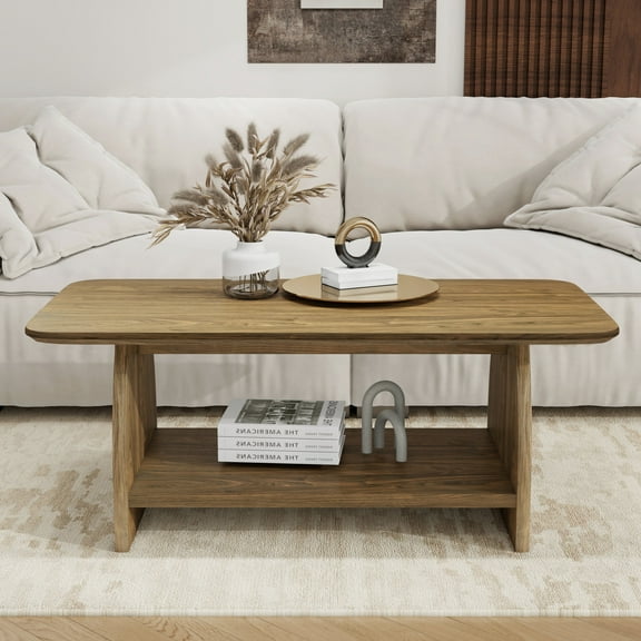 Modern 47 Inch Rectangular Coffee Table with Storage, Double Layer Design, Rounded Corners, MDF Material for Living Room, Spacious and Safe