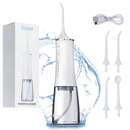 Éclat Portable Electric Waterproof Water Flosser for Deep Teeth Cleaning - 300ML Tank, USB-C Rechargable, Long Lasting 30 Day Charge, 4 Accessories Included BPA Free (White)