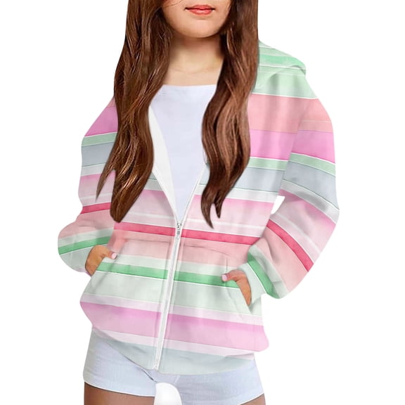 Owordtank Girls Zip Up Hooded Sweatshirt Jacket Rainbow Stripe Front Kangaroo Pocket Casual Loose Outerwear