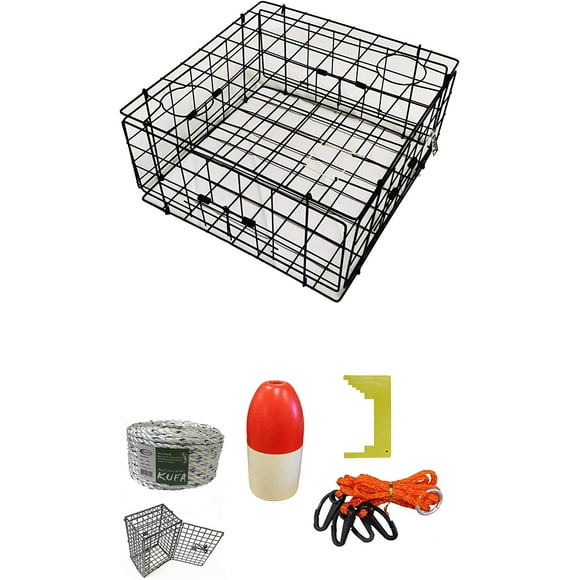 KUFA Vinyl Coated Crab Trap & Accessory kit (100' Non-Lead Sinking line,Clipper,Harness,Bait Bag & 11" Float) (S60+CES1)