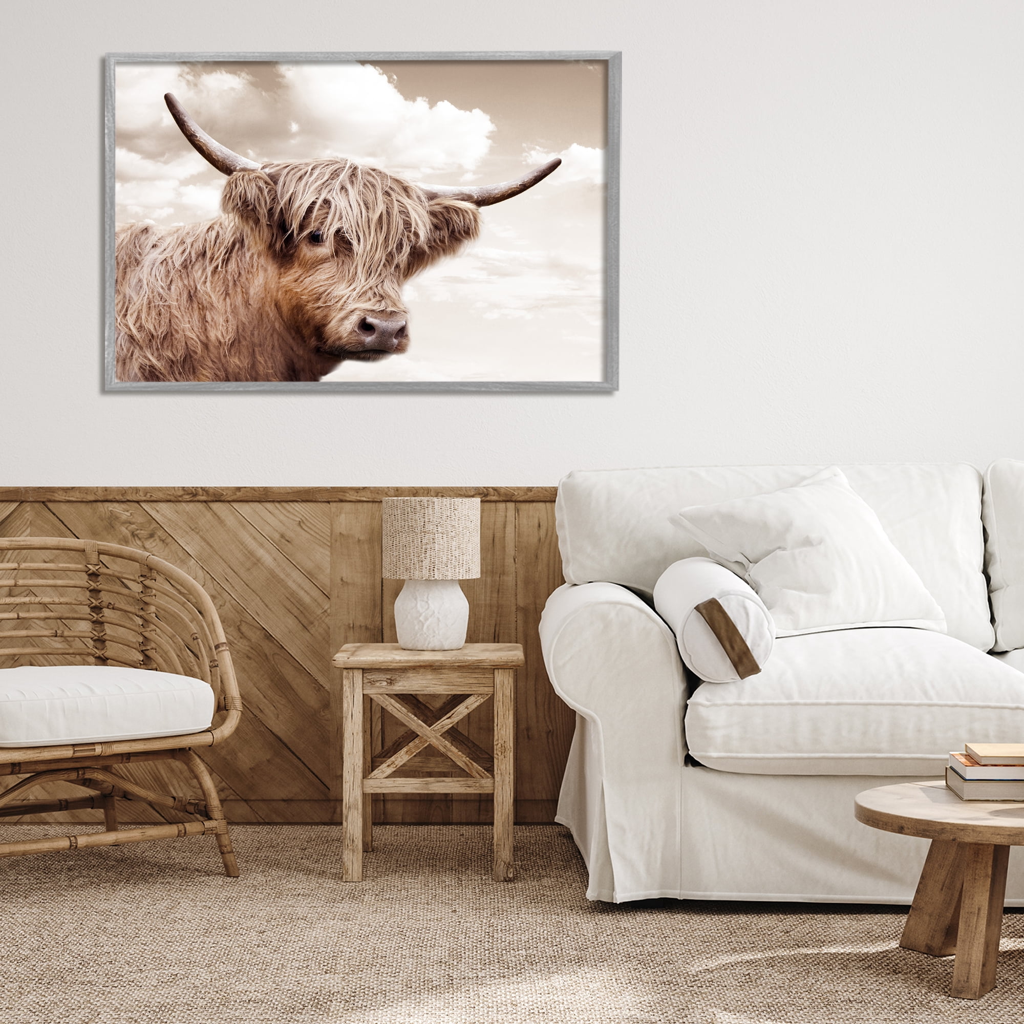 Stupell Industries Shaggy Highland Cow & Clouds Gray Framed Giclee Art, design by CAD Designs
