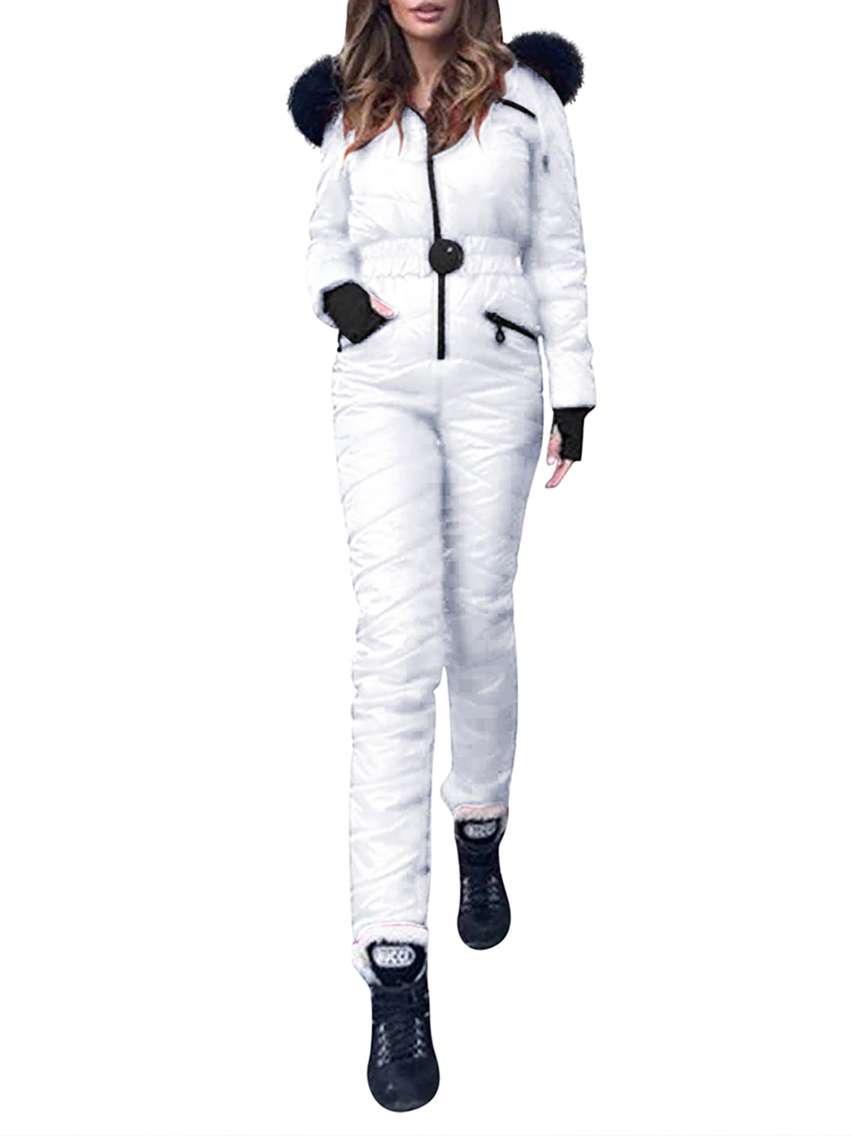 Insulated One Piece Snow Suit Ski Snowboard Fur Trim Jumpsuit Women Jacket Pants