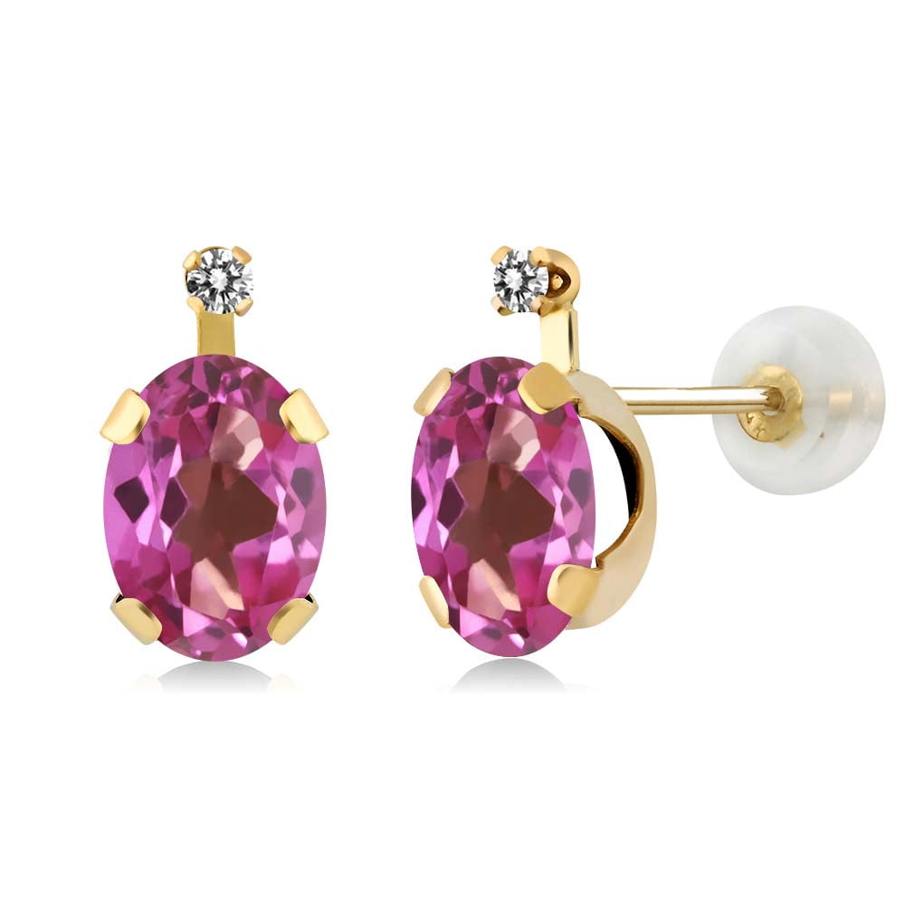 1.91 Ct Oval Pink Mystic Topaz White Diamond 14K Yellow Gold Earrings by