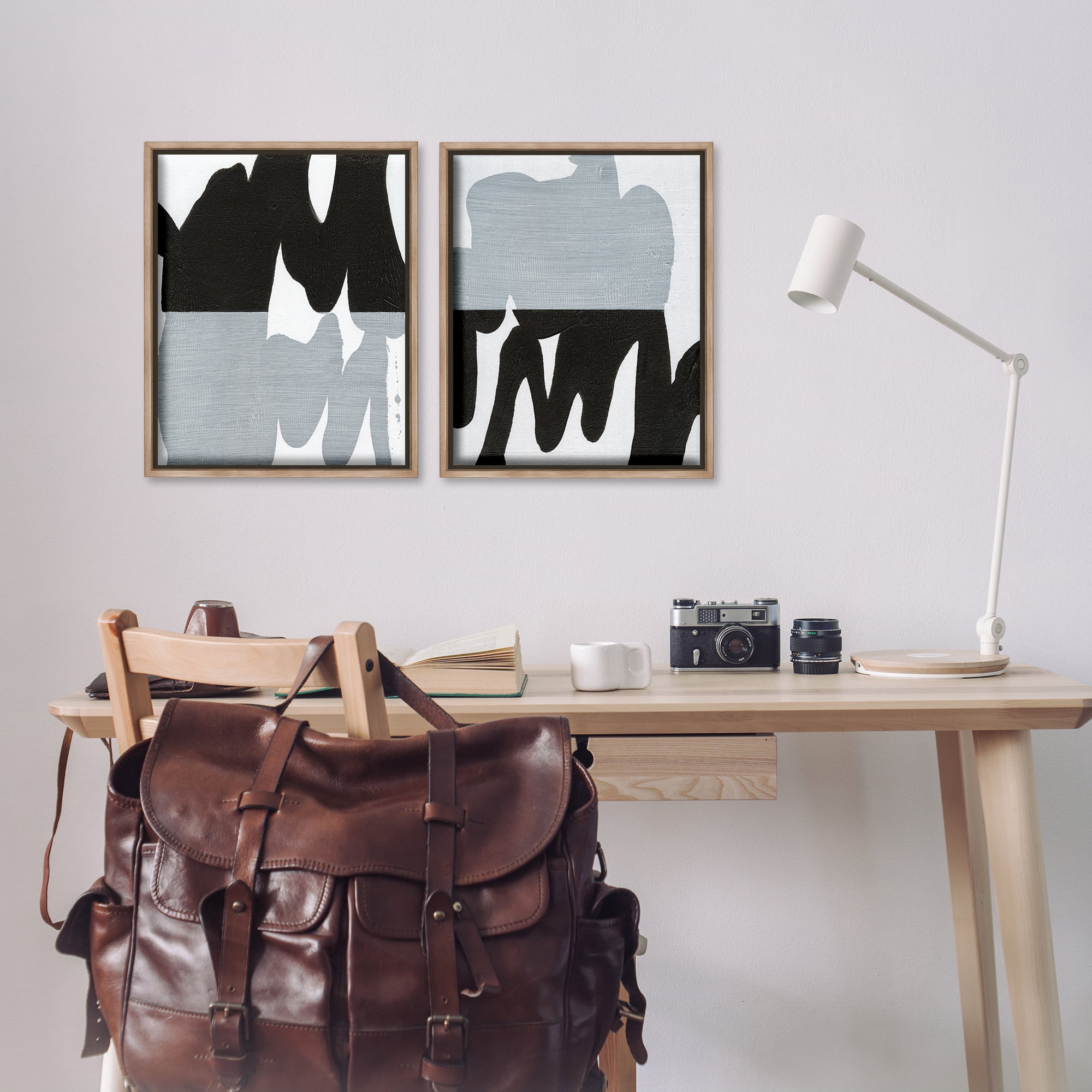 Stupell Industries Veiled Black and White Abstract Abstract Painting Brown Floater Framed Canvas Art Print Wall Art, 17 x 21, Set of 2