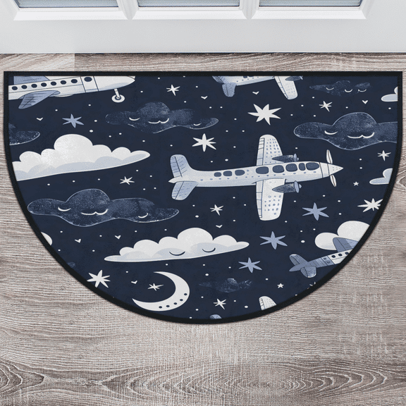 CURLYOOT Aircraft Half Round Door Mat 40'' x 63'', Indoor Outdoor Entrance Rug, Semi Circular Area Rug, Non Slip Washable Absorbent Doormat, Flying Airplane Navy Blue Laundry Room Rug