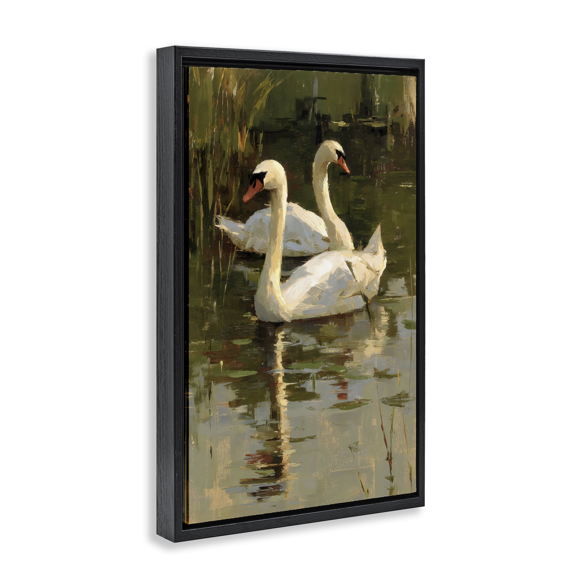 Stupell Industries Swans For A Swim Black Framed Floater Canvas Wall Art, design by Petal Prints Design