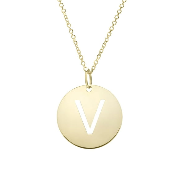 14k Yellow Gold Initial Letter V Round Pendant Necklace, 18"