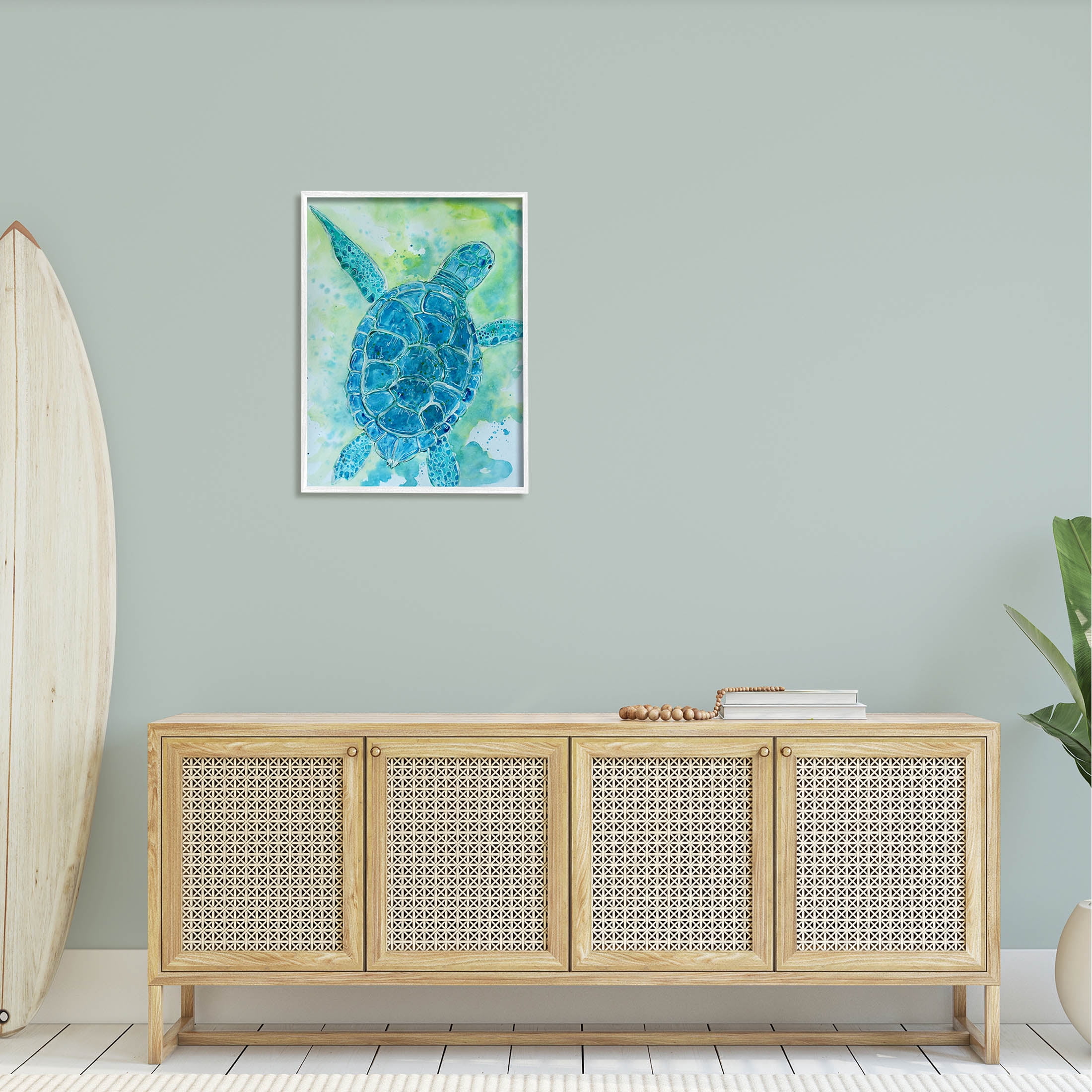 Blue Sea Turtle Aquatic Bubbles Animals & Insects Painting White Framed Art Print Wall Art