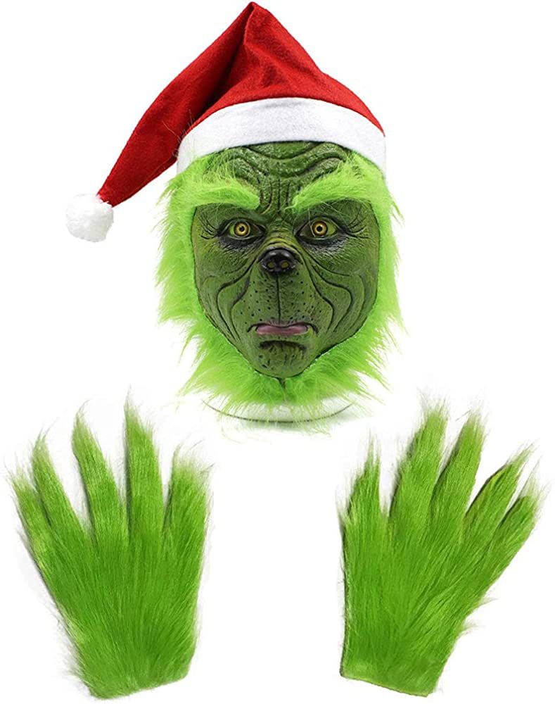 DTDR The Grinch Mask,Green Latex Full Head Mask Christmas Mask Costume with Red Santa Hat Cosplay Halloween Party Props for Adult Fancy Dress 