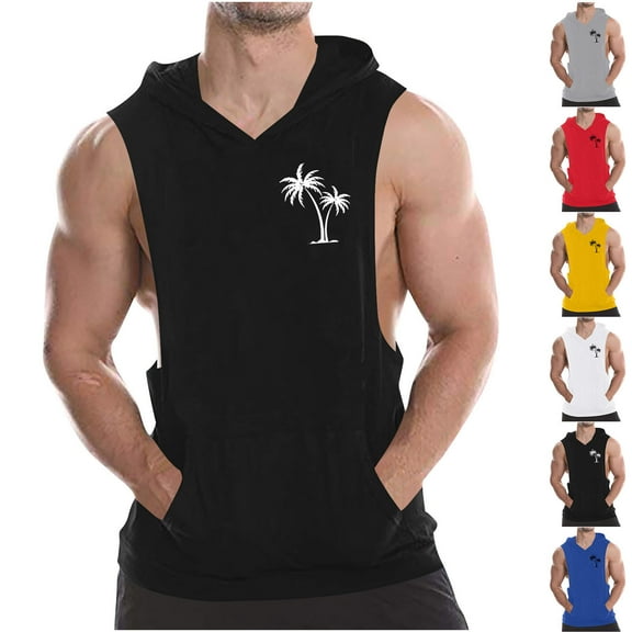 Axiiglly Tank Tops for Men Soft Cotton Hooded Tank Top Sleeveless Workout Tank Top with Pockets Casual Gym Tank Tops Summer Vacation Hawaiian Beach Tank Top