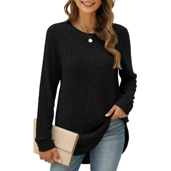 Women's autumn simple and fashionable versatile round neck long sleeved hem top