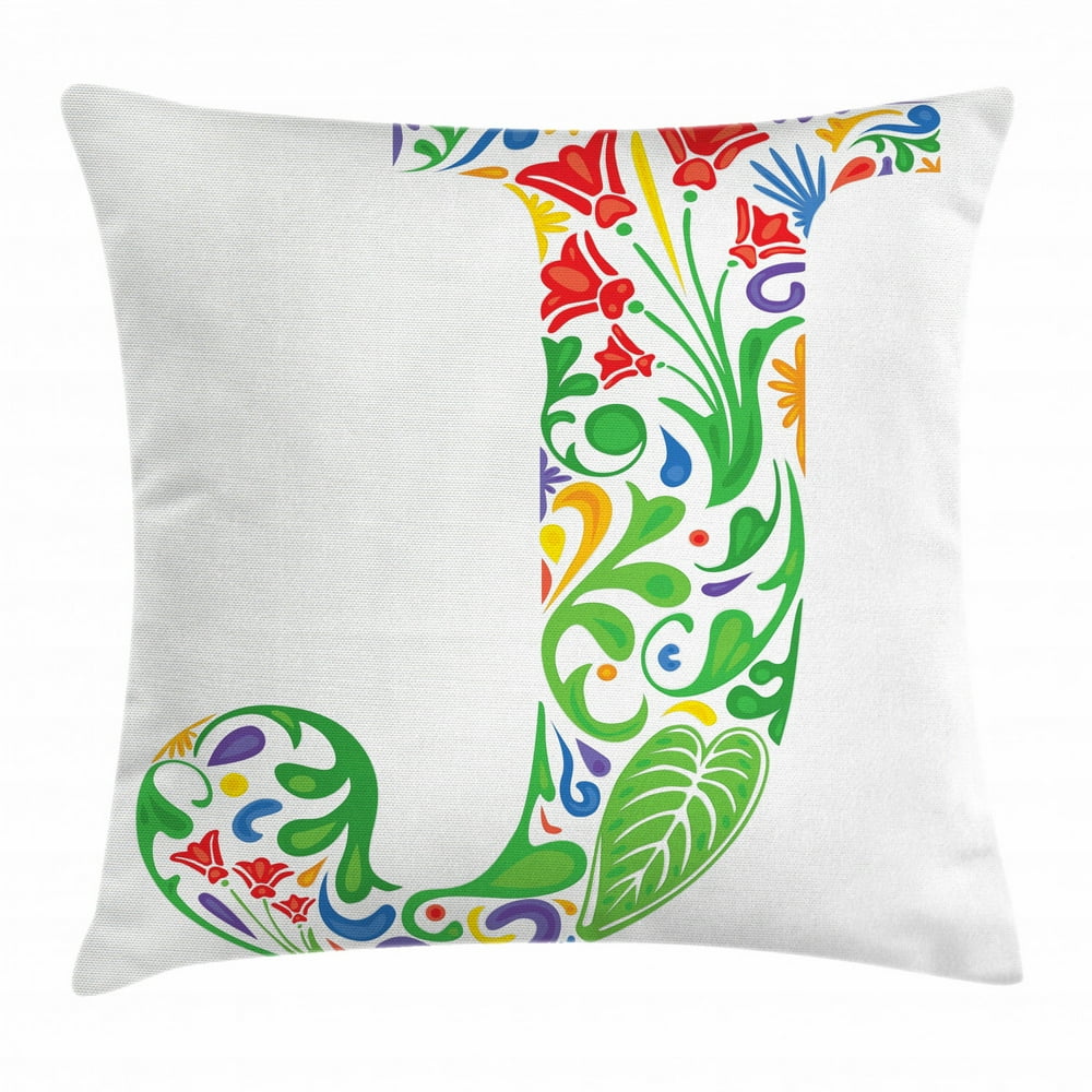 Letter J Throw Pillow Cushion Cover, Initial Capital J with Tropical