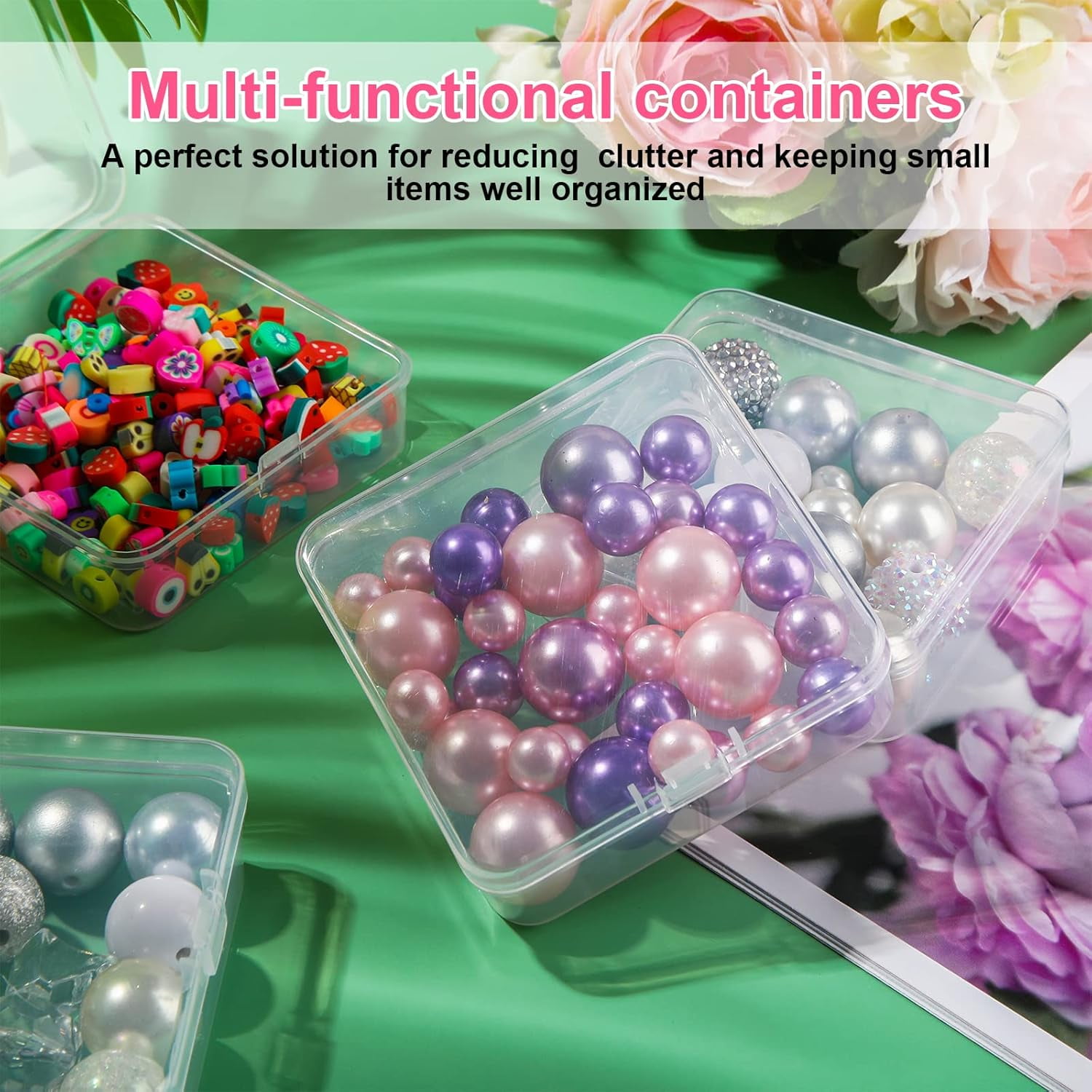 100 Pcs  Plastic Beads Storage Containers Box Small  Boxes with Hinged Lid Plastic   Square Arts Crafts Storage Organizers for Small Items(3.3 x 3.3 x 1.1 Inch)