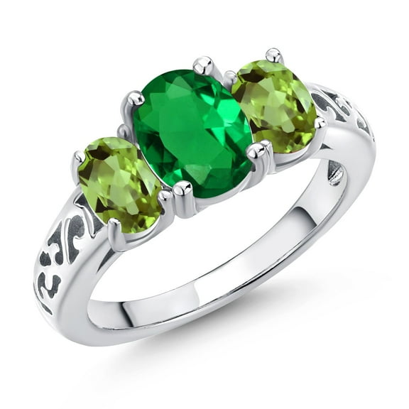 Gem Stone King 925 Sterling Silver Green Nano Emerald and Green Peridot Filigree Style 3 Stone Ring for Women (1.75 Cttw, Oval 8X6MM and 6X4MM) (Size 5)