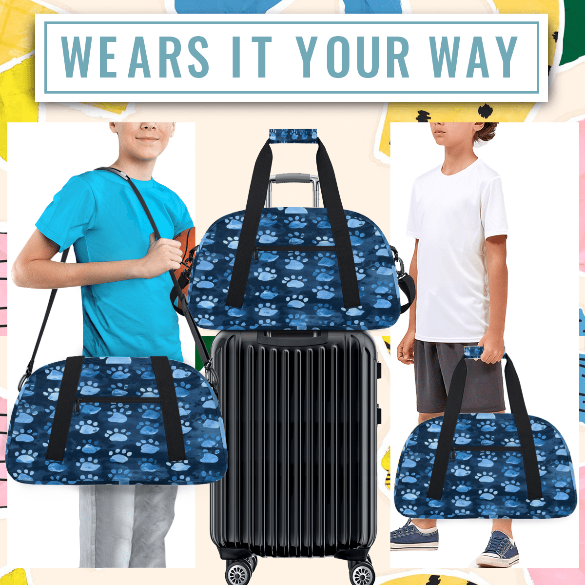 Herdesigns Sports Duffle Bags Travel Duffle Bag Gym Bag Dog Paws Puppy Cat Footprint Weekender Travel Bag Waterproof Overnight Bag Carry On Travel Tote Bag Dance Bags