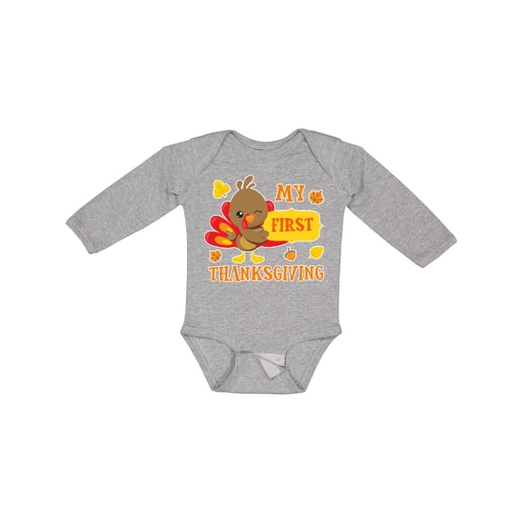 Inktastic My First Thanksgiving with Turkey and Leaves Boys or Girls Long Sleeve Baby Bodysuit