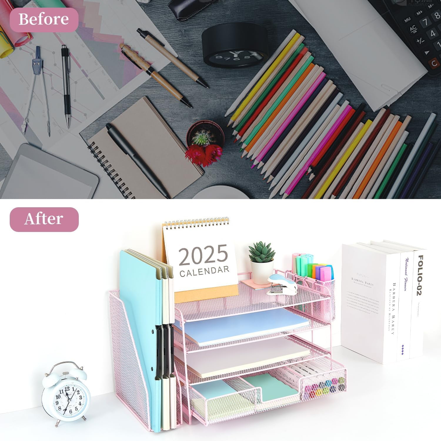 Desk Organizers and Accessories with File Holder, 4-Tier Desk Accessories & Workspace Organizers with Drawer and 2 Pen Holder, Paper Organizer for Office Supplies (Pink)