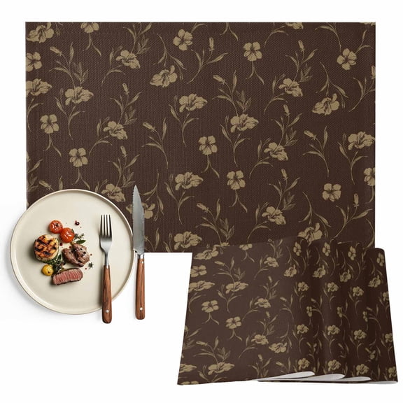 Brown Floral Placemats Set of 2, Vintage Spring Botanical Flowers Washable Wipeable Table Mats for Dining Tables, Indoor Outdoor Kitchen Place Mats for Holiday Party Table Decor