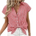 thumbnail image 2 of Craaazy Women's Short Sleeve Tops Gingham Print Tie Front Collared Button Down Shirts for Casual Daily Wear, 2 of 5