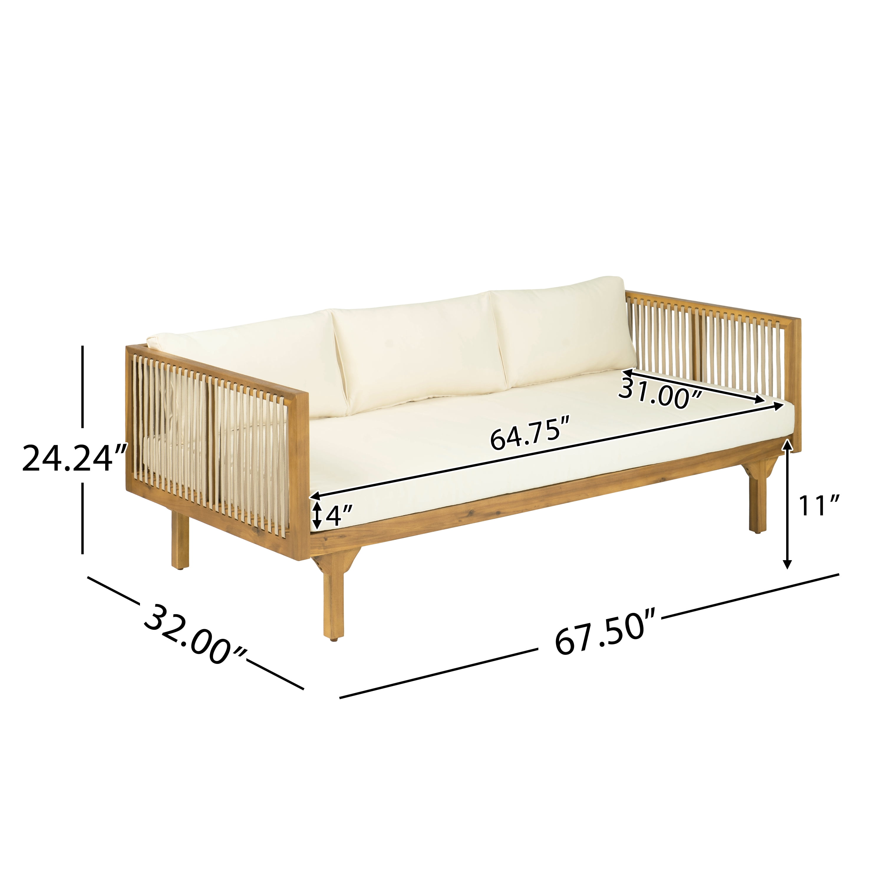 Patio Sofa, Outdoor Beige Cushions Sofa with Light Brown Rope Acacia Wood for Garden Deck, Teak