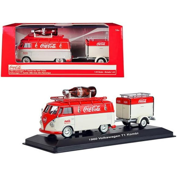 Motorcity Classics 1960 Volkswagen T1 Kombi Van with Trailer Red & Cream Coca Cola 1 by 43 Diecast Model Car