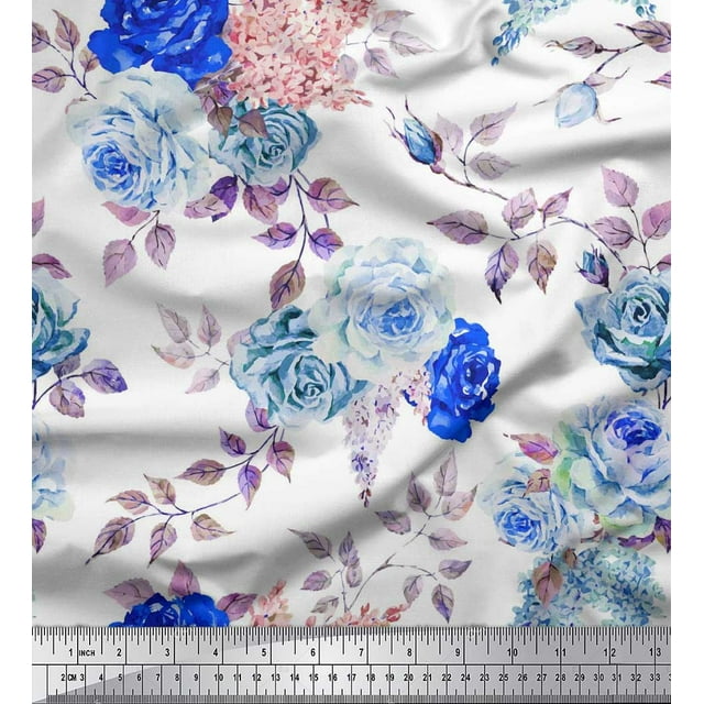 Soimoi Tissu en Velours Bleu Imprimé Feuilles & Roses au Mètre 58 Pouces de Large