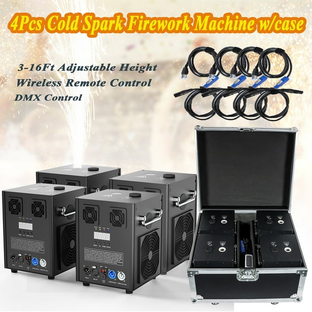 4pcs Cold Spark Firework Machine with Flight Case, Smart DMX Control DJ Equipment Machine for Wedding Christmas Party Musical Show