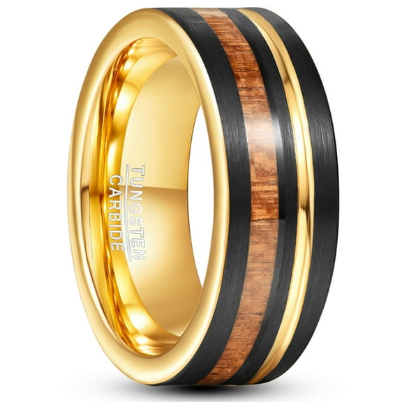 8mm Mens Wood Ring with Gold Groove Black Wedding Band Tungsten Rings Brushed Finish