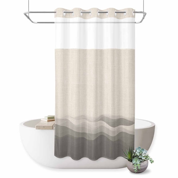 No Hook Shower Curtain for Bathroom, Grey Beige Ombre Waterproof Hotel Quality Shower Curtains, Minimalist Ocean Waves Linen Single Layer & Mesh Top Washable Fabric Bath Curtain Decor 36''x72''