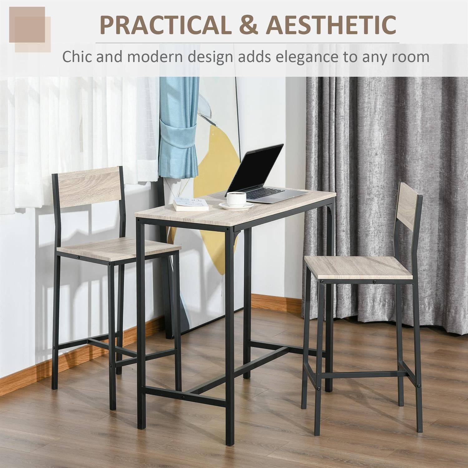 Demi Bonn 3-Piece Industrial-Style Bar Table Set, Counter Height for Compact Spaces, Bar Stools Included, Modern Dining Set for 2, Beige