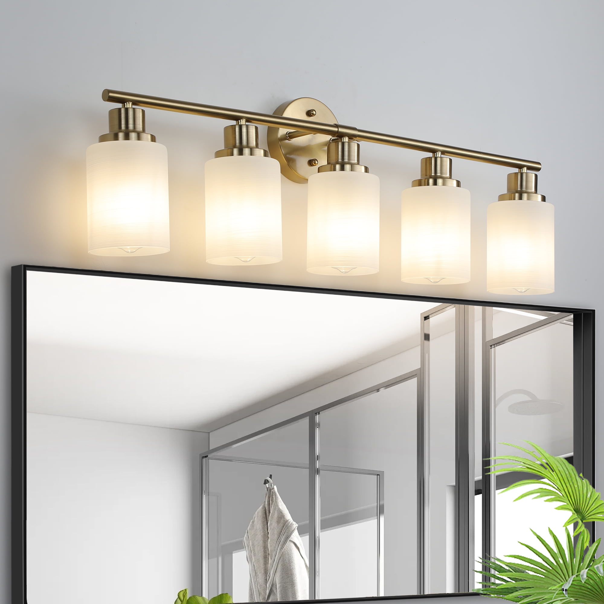 Jopath 31" Modern 5-Light Vanity Wall Sconce, Golden Finish with Frosted Glass Shades for Bathroom, Bedroom, Dressing Room or Hallway Lighting (No Bulbs)