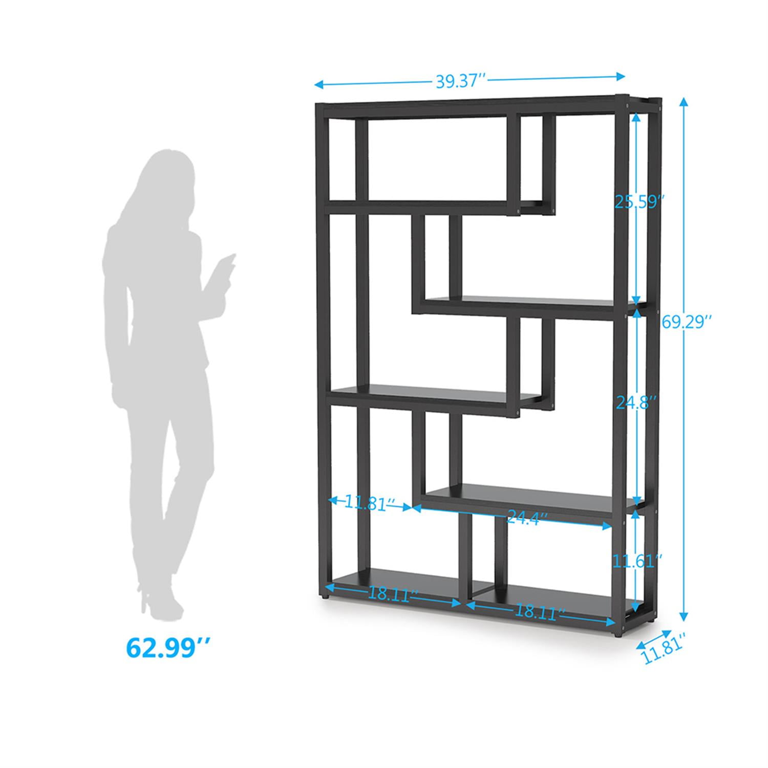 Demi Bonn 6 Tier Bookshelf, Wood and Metal Bookcase Storage Organizer, 69" Tall Display Standing Staggered Shelf Unit for Bedroom, Living Room, Black