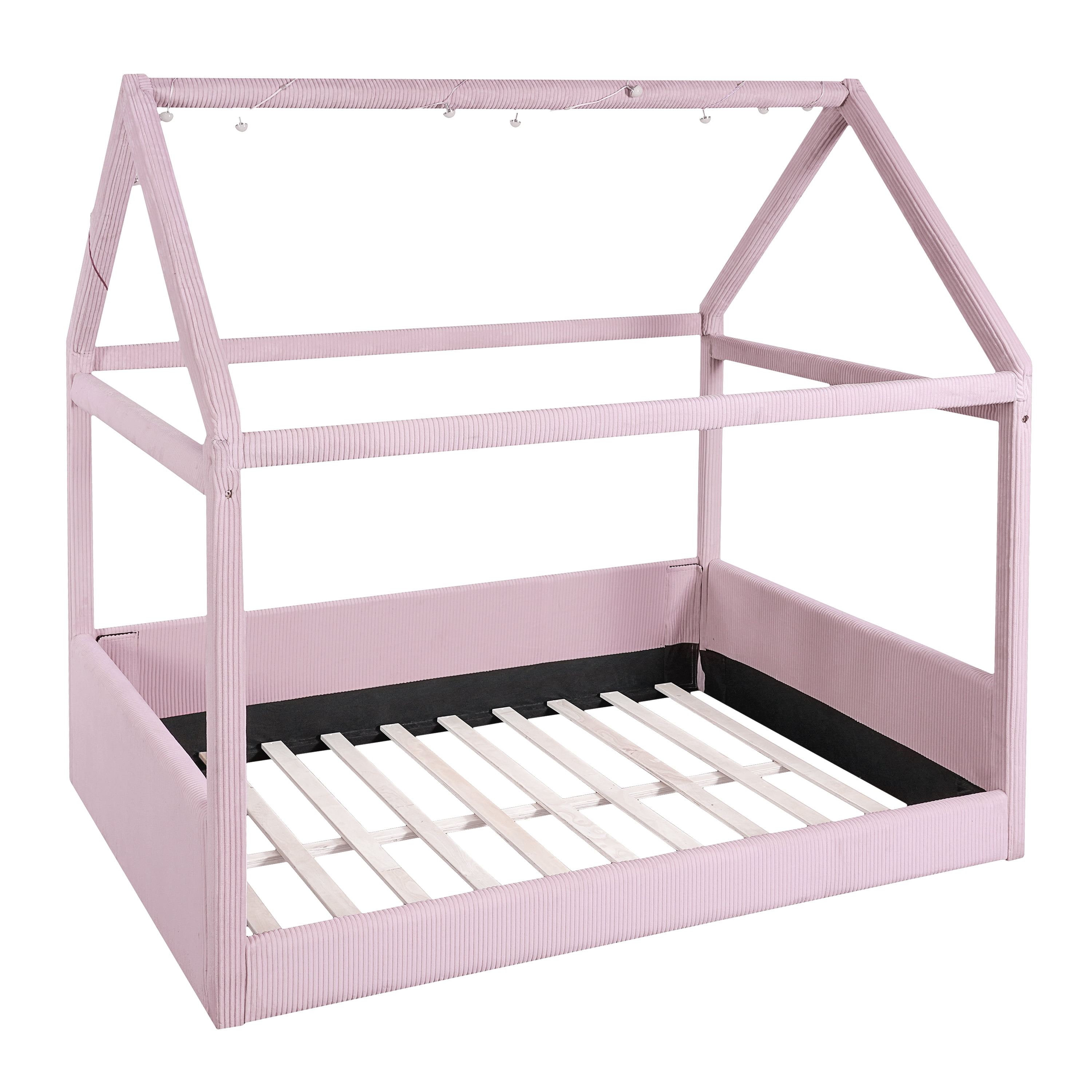 Euroco Upholstered Full Size Platform Bed, House Canopy Bed with LED Light Strip, Pink