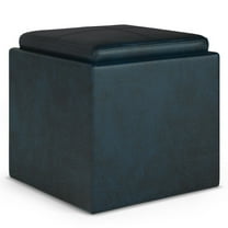 Rockwood 17 inch Wide Cube Storage Ottoman with Tray in Distressed Dark Blue Vegan Leather