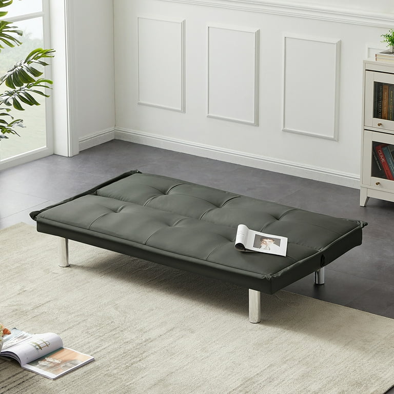 Visentor Futon Sofa Bed Convertible Folding PU Leather Sleeper Couch with Metal Legs Living Room Bedroom Furniture 64 Inch Gray