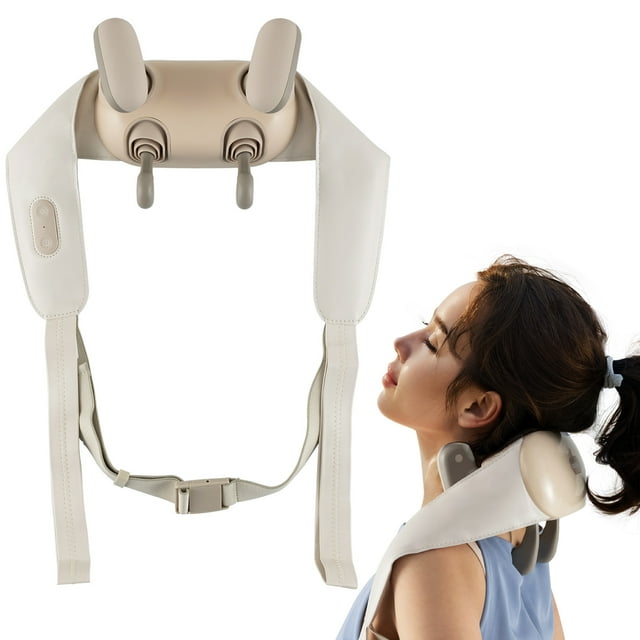 Gymax Neck Shoulder Massager w/ 2 Heat Levels for Pain Relief Neck Massager Pillow Beige